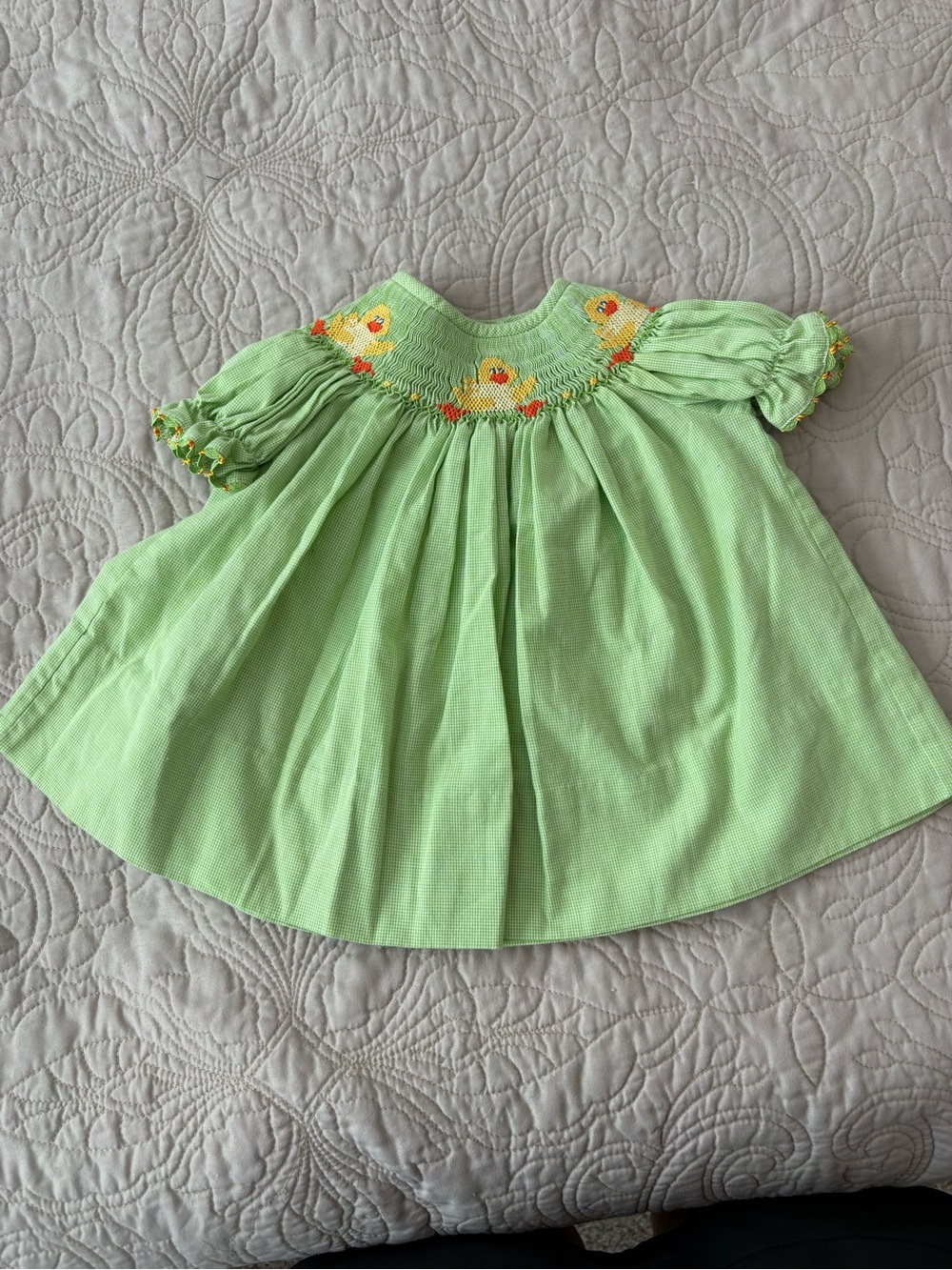 Light Green Smocked Girls' Dress with Chick Embroidery